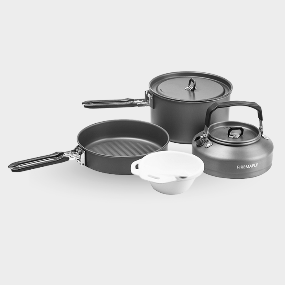 Set of camping cookware including a pot, pan, kettle, and strainer on a white background. #color_black