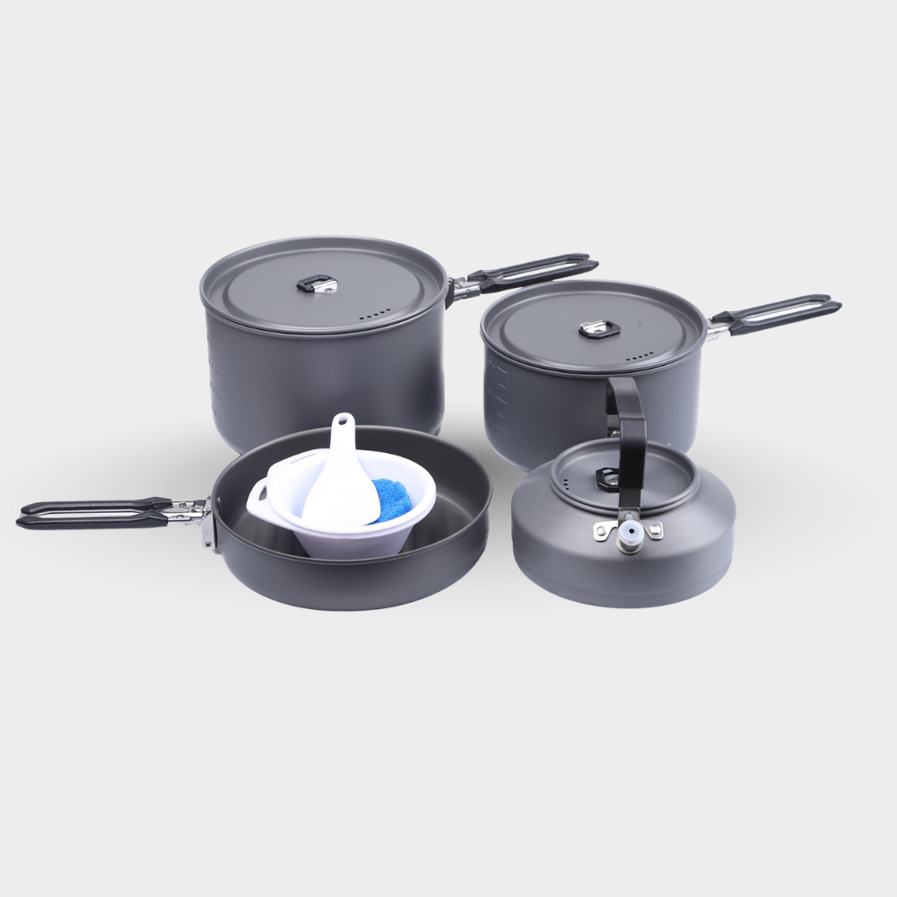 Set of gray camping cookware with lids on a white background #color_black