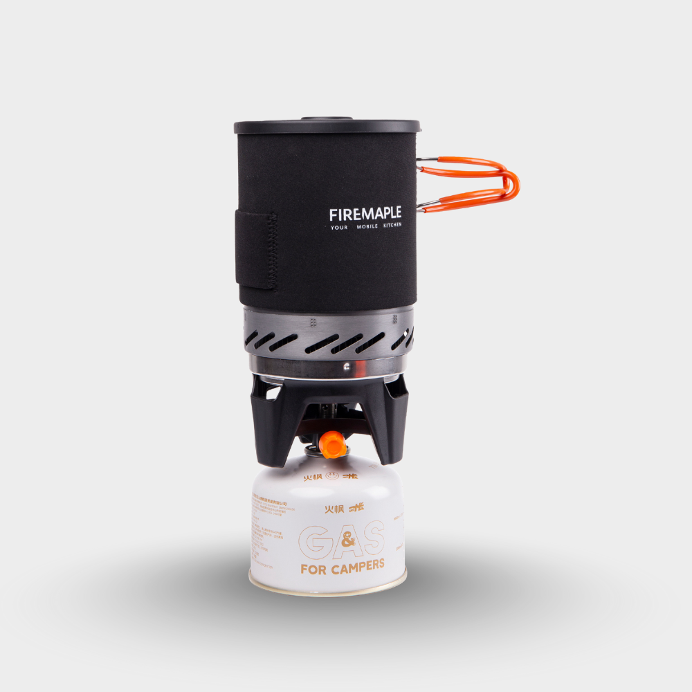 Black camping stove with a canister on a light gray background #color_black