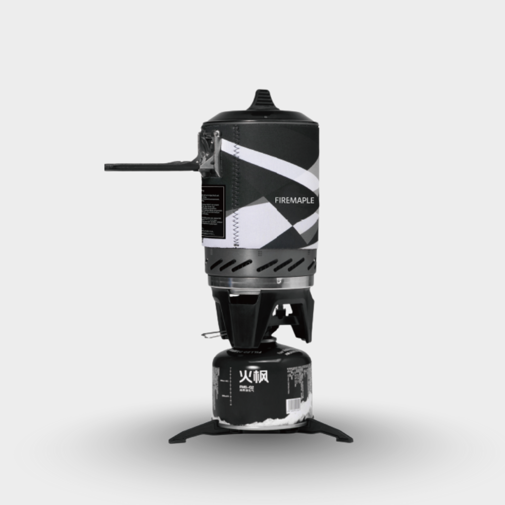 Black and white camping stove with 'Firemaple' branding on a light gray background#color_black