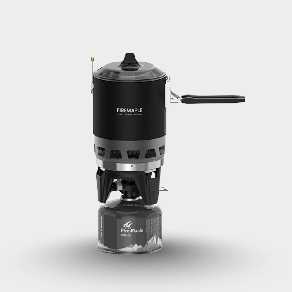 Black camping stove with visible 'Firemaple' branding on a white background#color_black