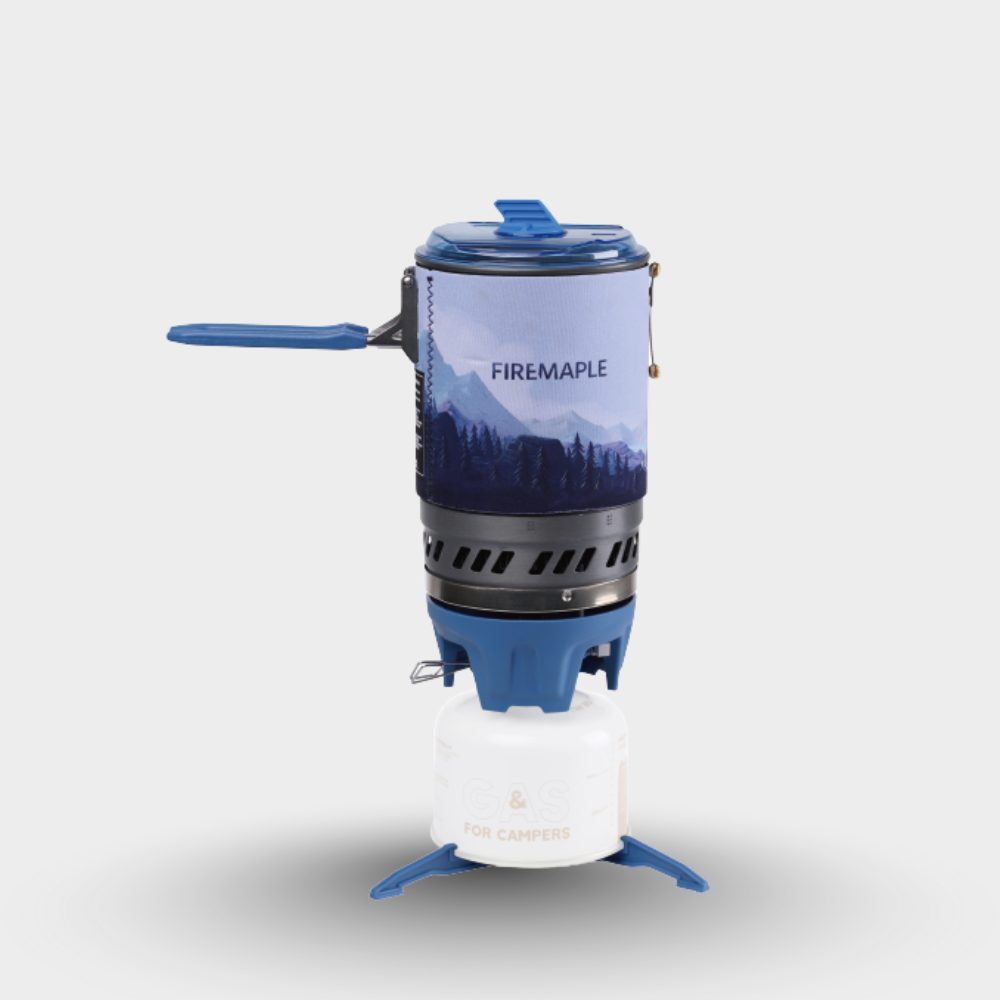 Blue and white camping stove with 'Firemaple' branding on a light gray background#color_blue