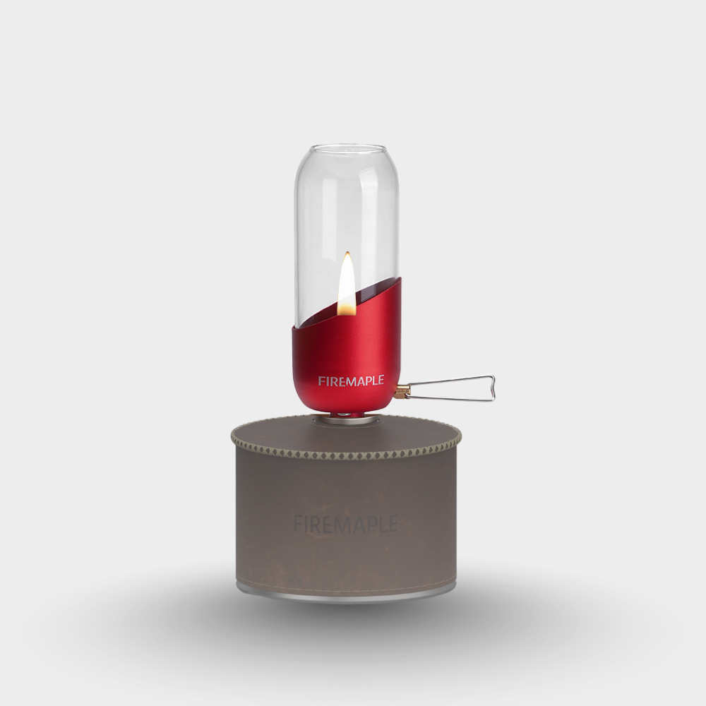 Portable camping lantern with red body and gray base on a light gray background#color_red