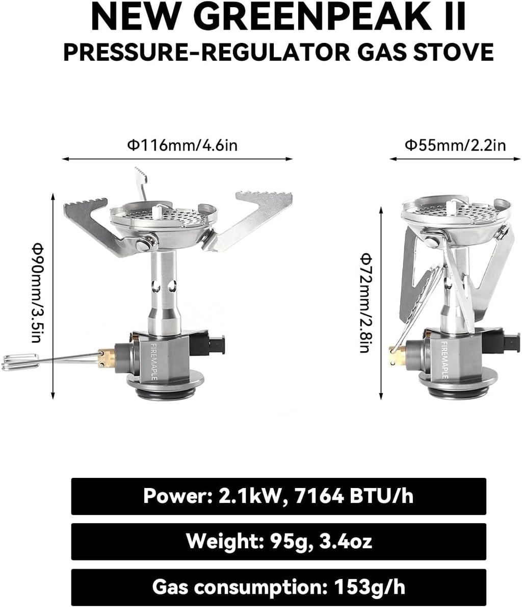 Greenpeak II pressure-regulator gas stove with dimensions and specifications on a white background #color_pressure_regulated