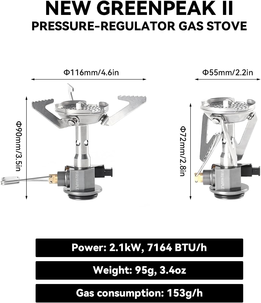 Greenpeak II pressure-regulator gas stove with dimensions and specifications on a white background #color_pressure_regulated