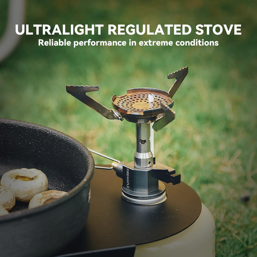 Ultraslight regulated stove with pan of food on a natural background #color_pressure_regulated