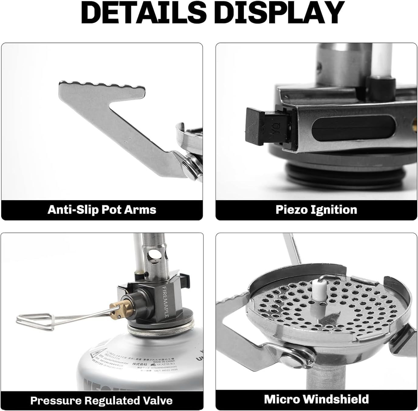 Detailed view of a camping stove with labeled features on a white background #color_pressure_regulated
