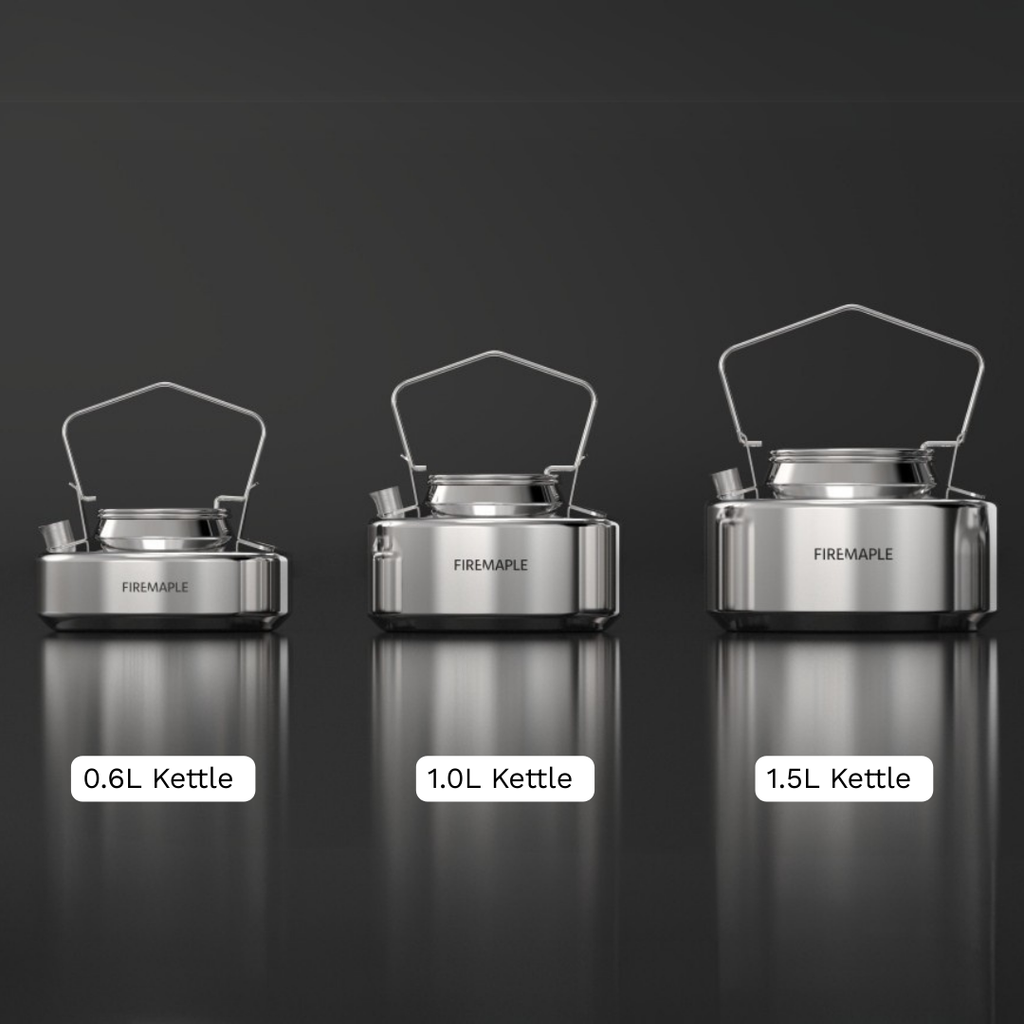 Three sizes of Firemaple kettles on a reflective surface with a dark background