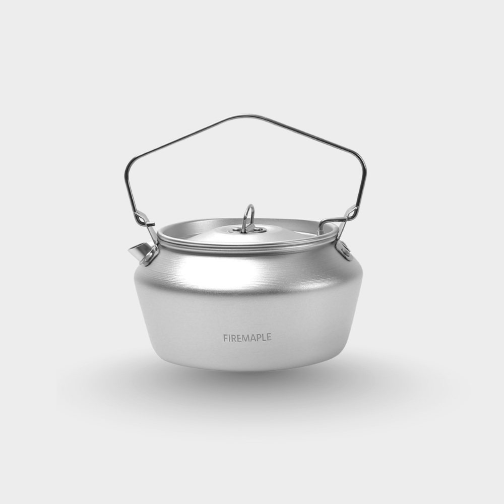 Silver camping kettle with handle on a light gray background, featuring the Firemaple brand. #color_1.2L