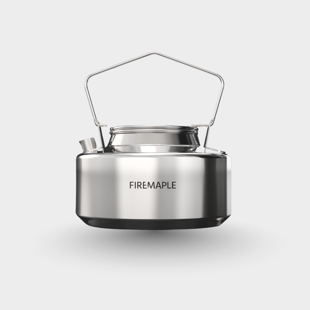 Stainless steel camping kettle with glass lid on a white background, featuring the Firemaple brand. #color_1.5L